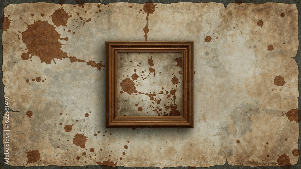 Poster retro frame holding an image with vignette of a battered, uneven wall stained with dark patches. ill