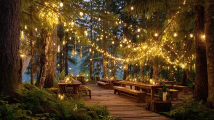 Enchanting Outdoor Setting with Fairy Lights in Magical Forest