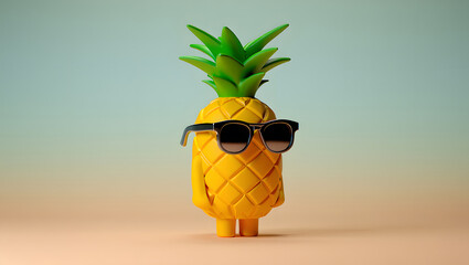 Fun and vibrant pineapple character wearing sunglasses against a pastel backdrop perfect for summer themes and playful designs