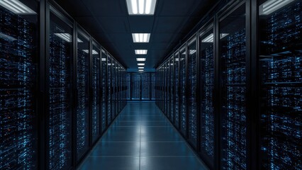 Server facility showcasing node-driven programming within the data framework. Ideas of cloud computing and extensive data repositories