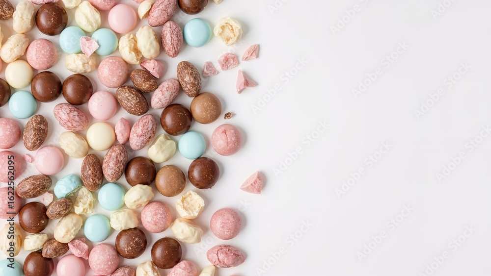 Aufkleber bird's-eye view showcasing an array of colorful chocolate confections spaced over a pristine white s