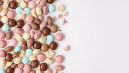 Bird's-eye view showcasing an array of colorful chocolate confections spaced over a pristine white surface. Genuine, decadent dessert and confectionery idea.