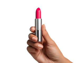 A hand gracefully holds a vibrant, open lipstick