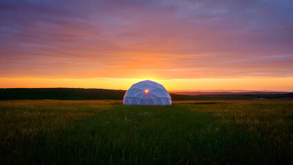 Futuristic Dome Shelter in a Lush Green Field Bathed in the Warm Glow of a Vibrant Sunset Serene Landscape