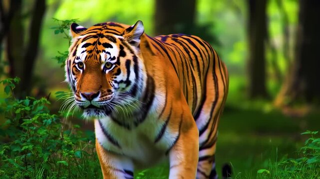 Magnificent bengal tiger prowling through lush green forest in natural habitat
