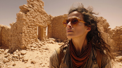 Adventurous woman exploring ancient desert ruins in bright sunlight, symbolizing travel, archaeology, independence, discovery and outdoor exploration in historical settings.