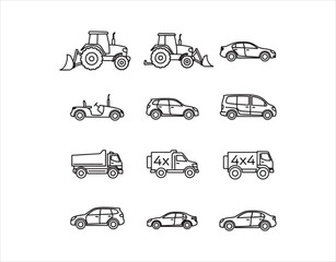 Tractor Line Icon. Vehicle, Car, Minivan, Truck, 4x4, Sedan