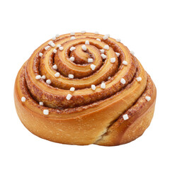 Freshly baked spiral cinnamon bun topped with crunchy pearl sugar, perfect for breakfast, snacks, or cozy treats.
