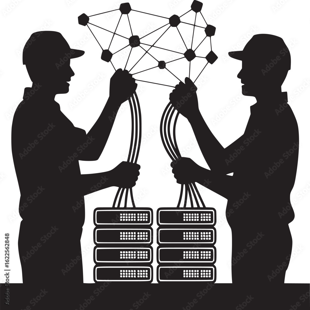 Aufkleber two workers connecting network cables to servers while holding a network diagram in silhouette