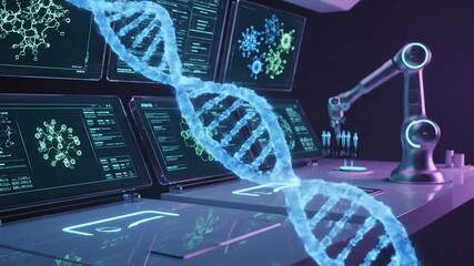 Robotic Arm Analyzing DNA Structure in a High-Tech Laboratory with Digital Screens and Data Analysis - Powered by Adobe