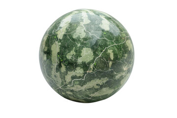 Unique green marble sphere with intricate patterns displayed on a white background