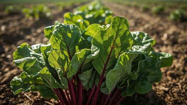 Close-up of sturdy stems and green beet foliage with an agricultural backdrop, shot from beneath