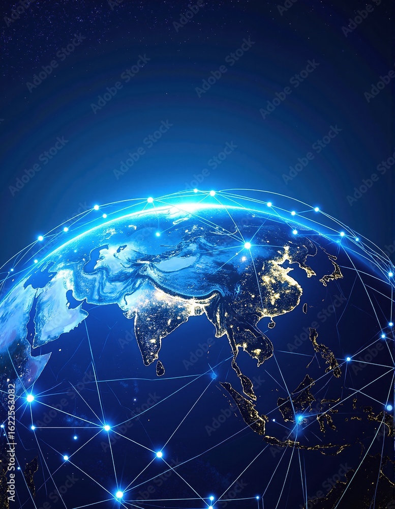 Poster a vibrant depiction of earth surrounded by glowing connections and intricate light patterns, symboli
