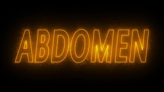 Flickering neon yellow glowing abdomen sign animated black background. neon ABDOMEN text animation