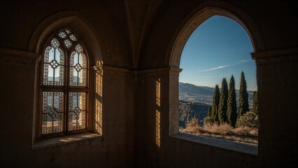 Fototapeta premium Gothic-style stone window with loop-light arches framing a mountain landscape