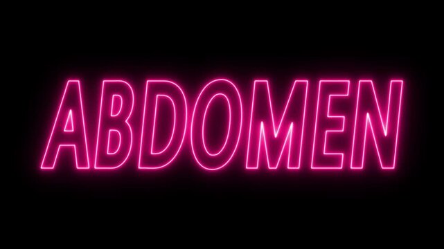 Flickering neon pink glowing abdomen sign animated black background. neon ABDOMEN text animation