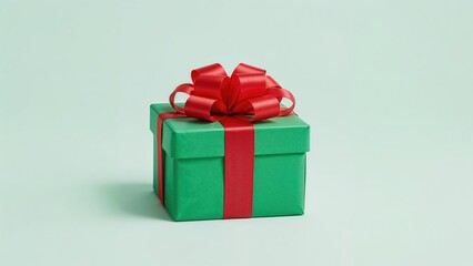 Obraz premium Holiday Present in Green with a Scarlet Bow on a White Surface
