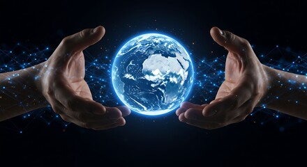 Hands surrounding a glowing digital Earth with a network of connected points and data lines, symbolizing global connectivity, technology, and digital communication.
