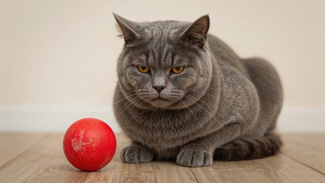 A gray feline lounges beside a crimson sphere, gazing disdainfully