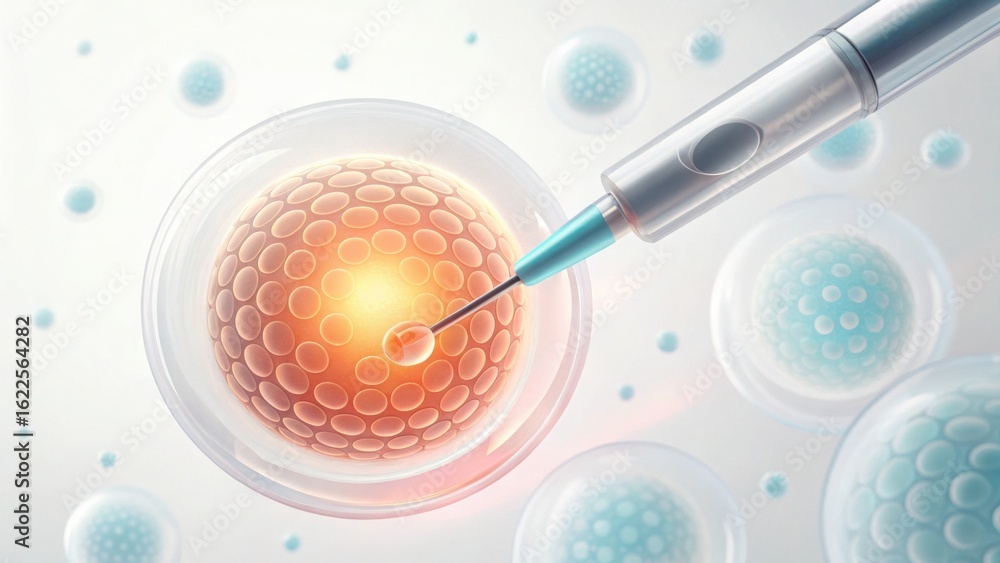 Poster detailed close-up of pipette injecting into glowing cell structure