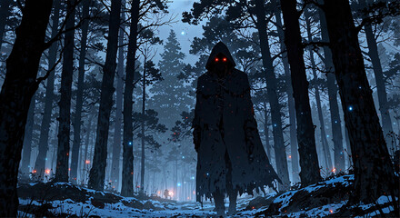 A cloaked, ominous figure with glowing red eyes standing amidst a dark, snowy forest at twilight