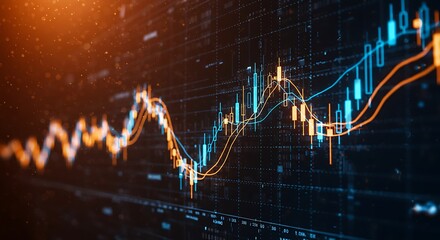 Abstract financial chart with candlesticks and data lines overlayed on a blurred office background, representing trading, analytics, and market performance in a high-tech environment.