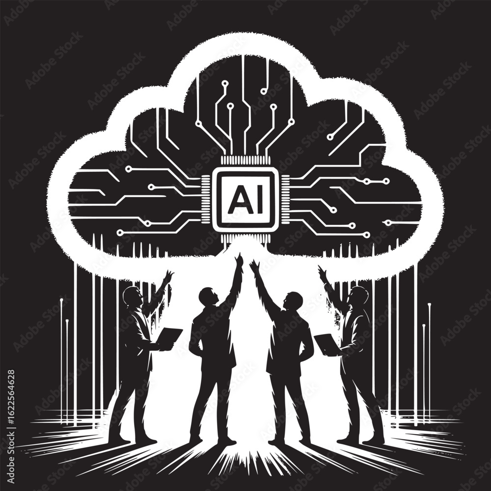 Poster silhouetted figures reaching towards ai cloud with circuit board pattern in black and white design