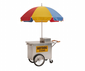 Eye-catching hotdog stand under a vibrant umbrella beckons with promise of a classic summer treat