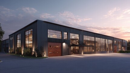 Obraz premium Modern Industrial Warehouse Exterior at Sunset with Soft Lighting