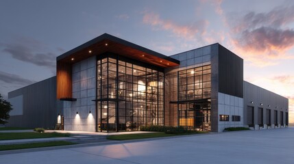 Obraz premium Modern Industrial Warehouse Exterior at Sunset with Dramatic Sky