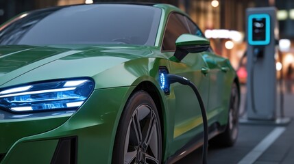Green ev charging at night