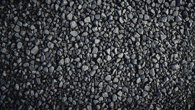 Construction-grade gray granite gravel crushed rock, macadam scree texture ground layer. Aggregated loose rock fragments for building. - Powered by Adobe