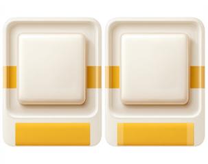 Two square food containers, light beige, with yellow labels