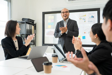 Asian business people team analyzing statistics financial. Group Team of ceo business man and woman Meeting Conference Discussion various topic. Executive professional managers Corporate in office.