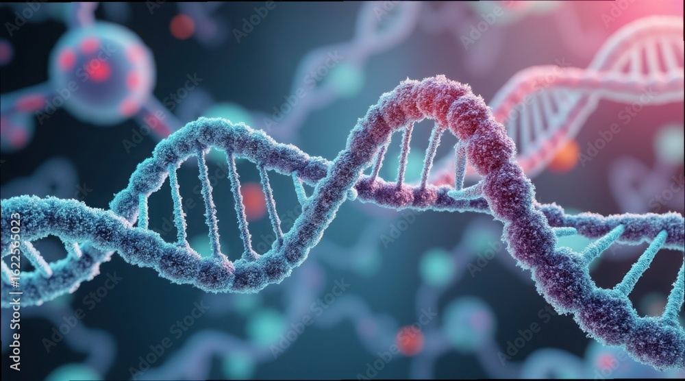 Poster 3d rendering of nanoparticles targeting gene mutations in dna helix