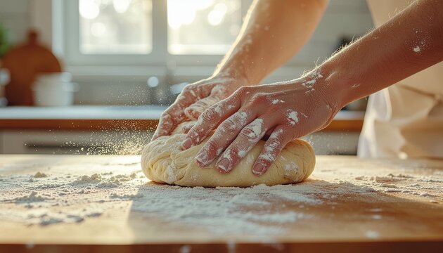 A person kneads fresh dough on a floured wooden kitchen counter in warm, natural light. - Powered by Adobe