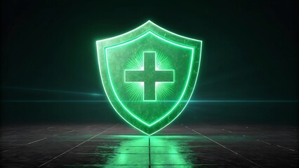 Glowing green shield with a cross symbol, representing health security and care concept