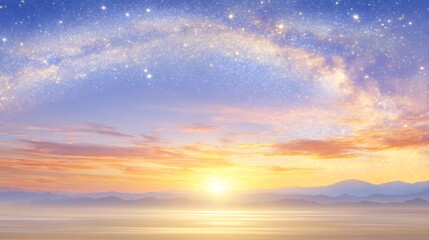 Obraz premium Brilliant sunrise casting warm light on rugged mountain peaks, revealing starry sky and glowing Milky Way celestial landscape