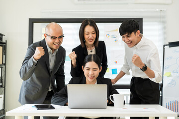 Asian business people team analyzing statistics financial. Group Team of ceo business man and woman...