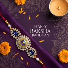 Ornate rakhi on purple fabric with flowers and a candle for raksha bandhan