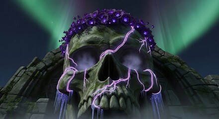 Mystical skull temple with neon lightnings. Perfect for Halloween, fantasy games or dark backgrounds. Add an aura of mystery to your projects, parties and events.