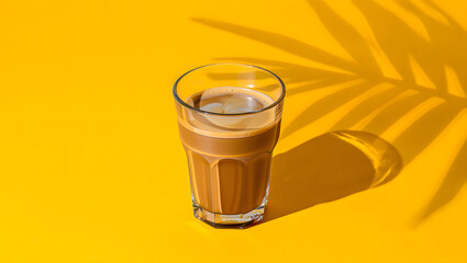 Iced Coffee in Glass with Tropical Leaf Shadow on Bright Yellow Background Refreshing Summer Drink Beverage Cafe Vibe