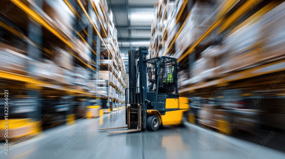 Poster speeding forklift in motion with blur effect in warehouse setting