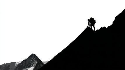 Obraz premium Dramatic Silhouette of Climber Reaching Mountain Summit at Dusk