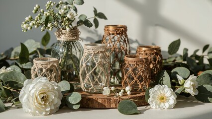 Compact glass vases encased in macrame covers, decorated with green leaves and white flowers. Boho-inspired home and wedding accessories.