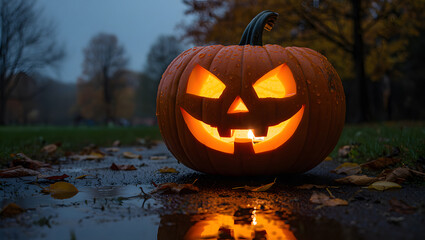 Illuminated Halloween Pumpkin Jack o Lantern with Spooky Face Carved on Rainy Autumn Night in Park Setting