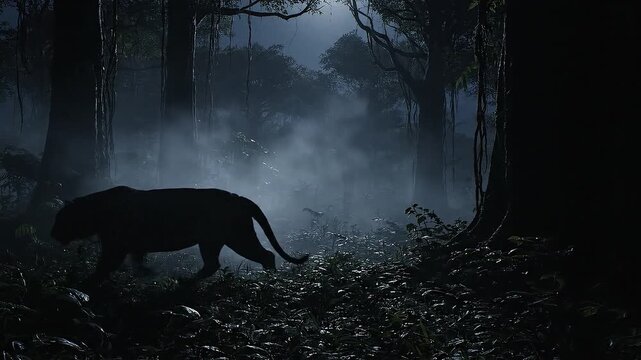 Panther Silhouette Walking Through Foggy Forest at Night with Moonlight Streaming Through Trees