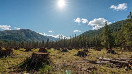 Clear day pine tree logging showing the impact of excessive cutting on forest health and sustainability.