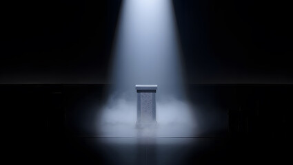 Isolated Podium Illuminated by a Single Spotlight Creating a Dramatic and Mysterious Atmosphere for Product Presentation or Stage Performance