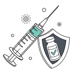 Flat illustration of syringe and vaccine vial with shield icon generated by ai
